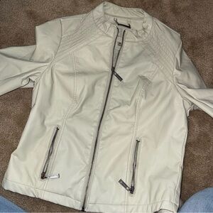 Cream Faux Leather Zip-Up Jacket